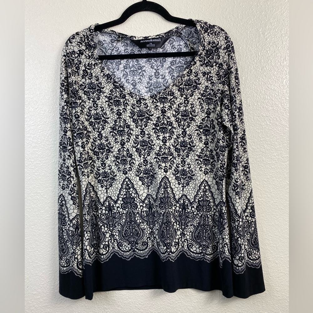 Norma Kamali Slinky Knit‎ Stretch Floral Boho Long Sleeve Goth Office Top Large